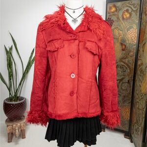 Y2K Red Penny Lane Afghan Faux Shearling Jacket Whipstitch Womens
